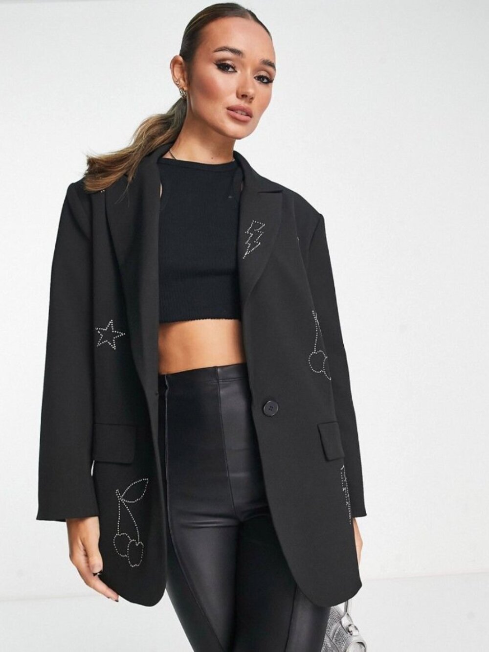 ASOS DESIGN oversized grandad blazer with hotfix motifs in black